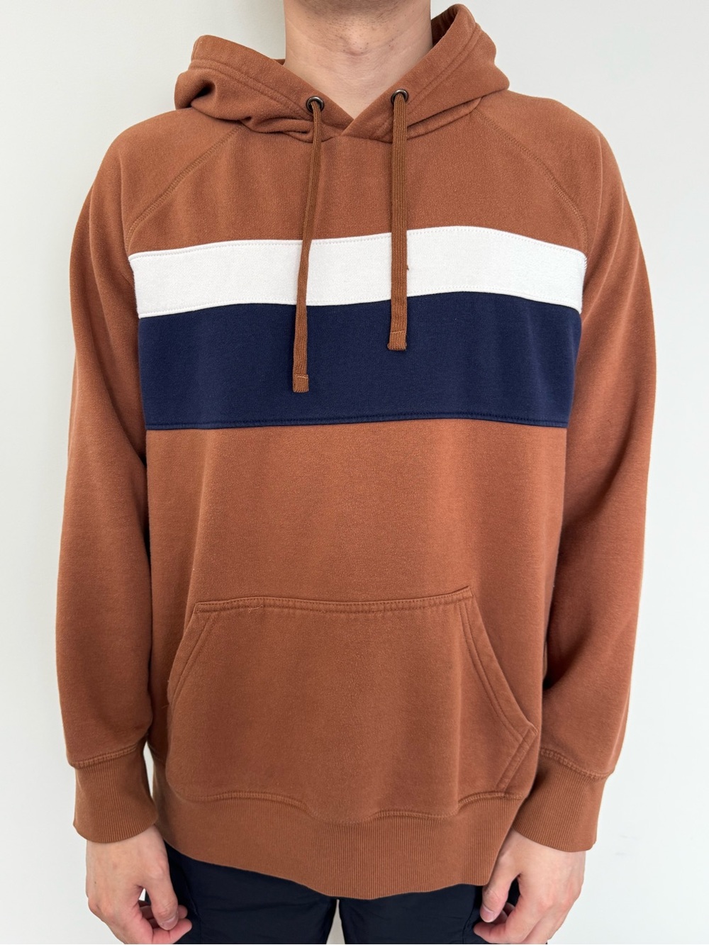 Goodfellow & Co Brown Hooded Sweatshirt with Navy and White Chest Stripe